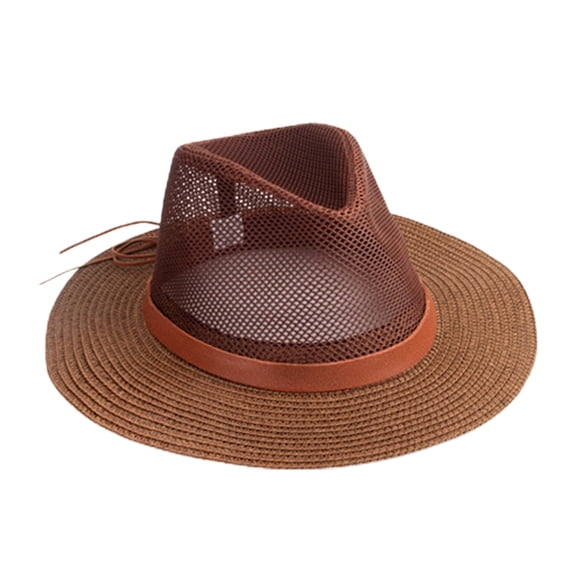 Visland Strap Decor Adjustable Drawstring Hollow Out Cowboy Hat Man Breathable Holes Straw Sunshade Hat Adult Headwear