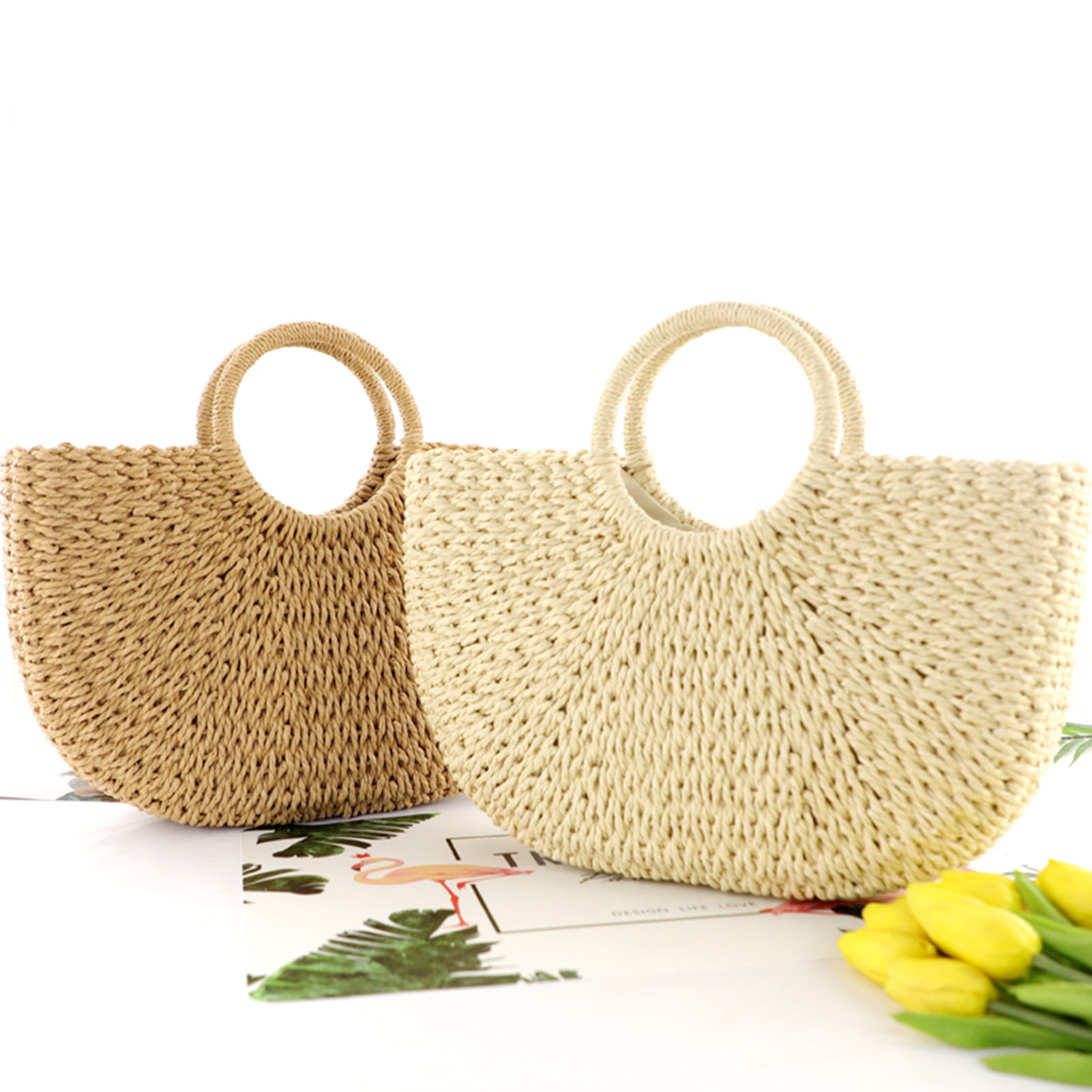 Visland Straw Bags for Women,Hand-woven Straw Large Bag Round Handle Ring  Tote Retro Summer Beach Rattan bag 