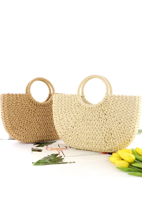 Straw Bags for Women,Hand-woven Straw Large Bag Round Handle Ring Tote Retro Summer Beach Rattan bag