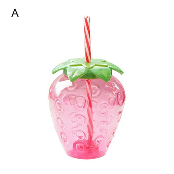 Visland Strawberry Shaped Cup with Straw Cute Plastic Cups Summer Cold Drinking Water Bottle for Girls Women 16.9 Oz