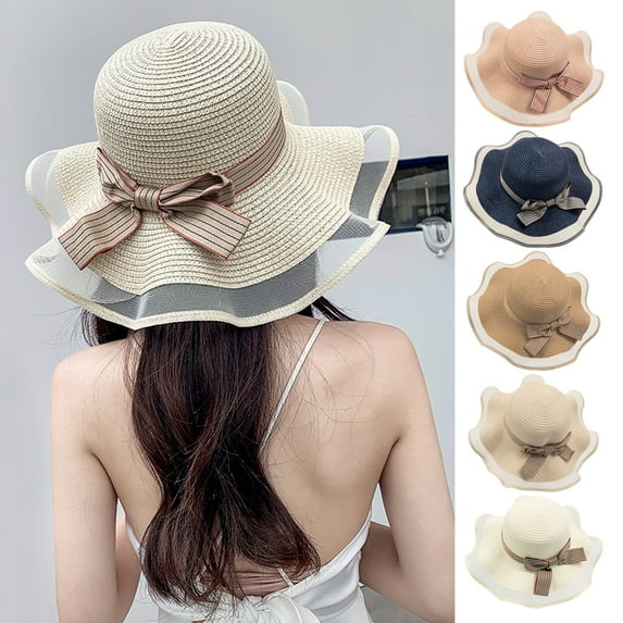 Visland Summer Ladies Fashion Solid Color Perspective Mesh Stitching Knitted Hat Bow Decoration Sun Hat Outdoor Sun Hat