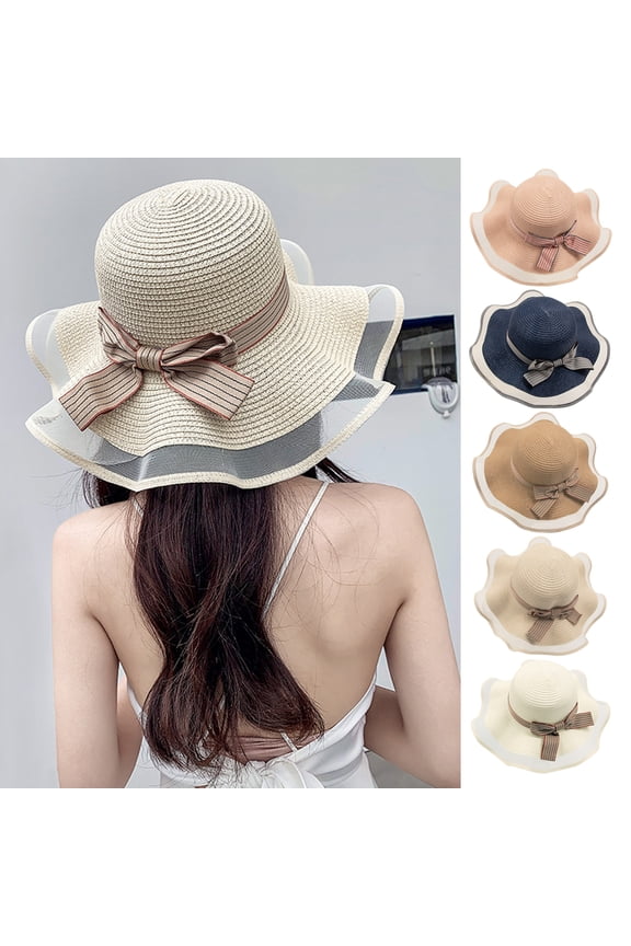 Summer Ladies Fashion Solid Color Perspective Mesh Stitching Knitted Hat Bow Decoration Sun Hat Outdoor Sun Hat