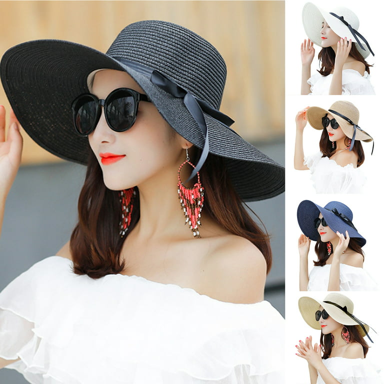 Visland Sun Hats for Women UV Protection Wide Brim UPF 50 Foldable Floppy  Straw Beach Hat with Strap 