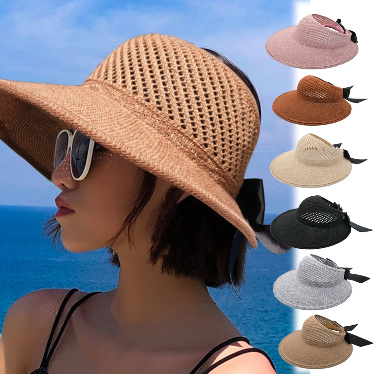 Visland Sun Visor Hats for Women Wide Brim Straw Ponytail Summer Beach