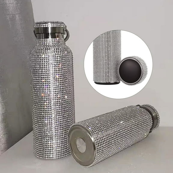 Visland Water Bottle Bling Rhinestone Stainless Steel Thermal Bottle Refillable Water Bottle Insulated Water Bottle Glitter Water Bottle for Women (Silver,350 ml)