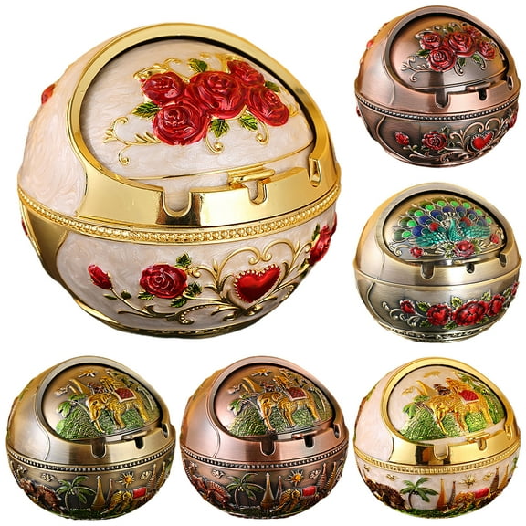 Visland Windproof Ashtray with Lid for Outdoor and Indoor Use,Metal Portable Cigarette Ashtray Rose Ball Ashtray