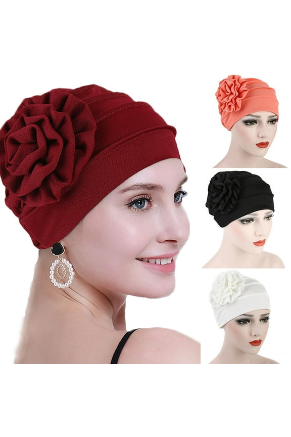 Woman Turbans Muslim Hijab Side Flower Cap Wine Red