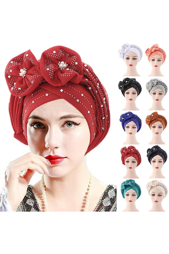 Women African Turban, Fashion Faux Rhinestone Bright Color Breathable Flower Knot Elastic Headwrap Head Scarf for Performance Church praying