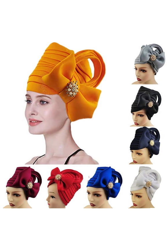 Women African Turban Hat, Fashion Casual Solid Color Bow Design Faux Pearls Decor Elastic Adjustable Soft Cozy Satin Beanie Hair Cap Headwrap for Spa Daily Wear