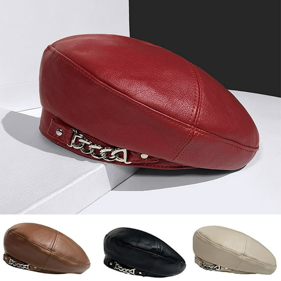 Visland Women Beret Hat, Fashion Vintage Solid Color Chain Decor Faux Leather French Style Beanie Cap Painter Hat for Daily Wear