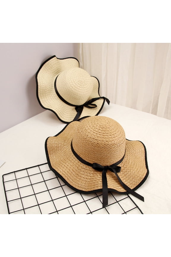 Women Bowknot Straw Weave Wavy Wide Brim Sunscreen Outdoor Beach Sunhat Cap Hat