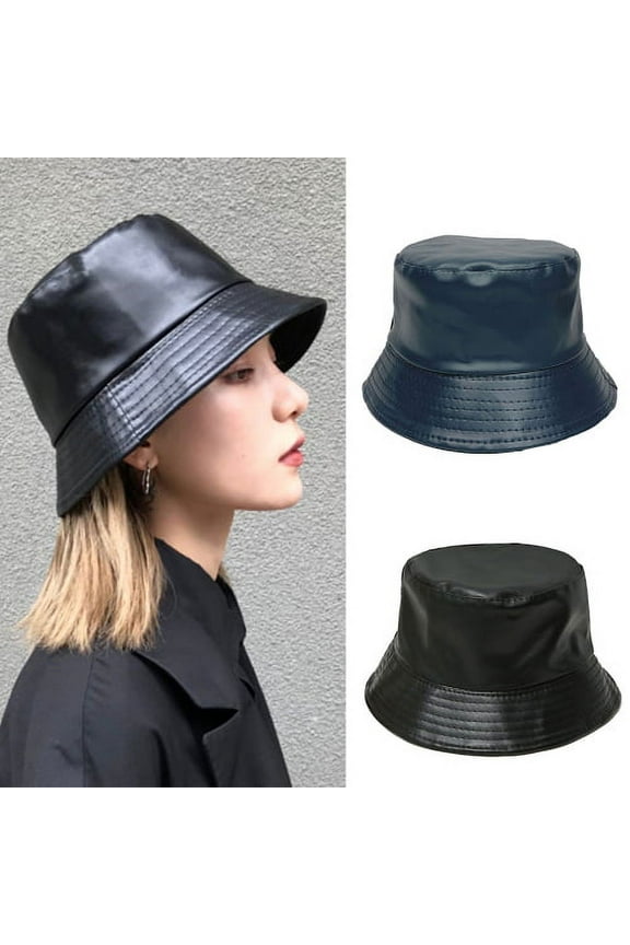 Women Bucket Hat, Fashion Casual Solid Color Faux Leather Autumn Winter Head Warm Windproof Fisherman Cap for Outdoor Daily Wear