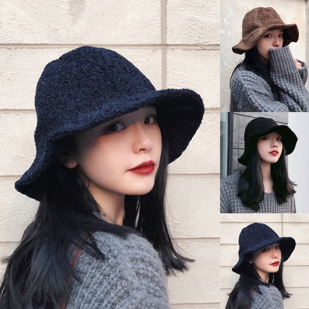 Visland Women Bucket Hat, Fashion Casual Solid Color Wide Brim Soft  Skin-friendly Woolen Winter Head Warm Fishman Cap for Winter Outdoor