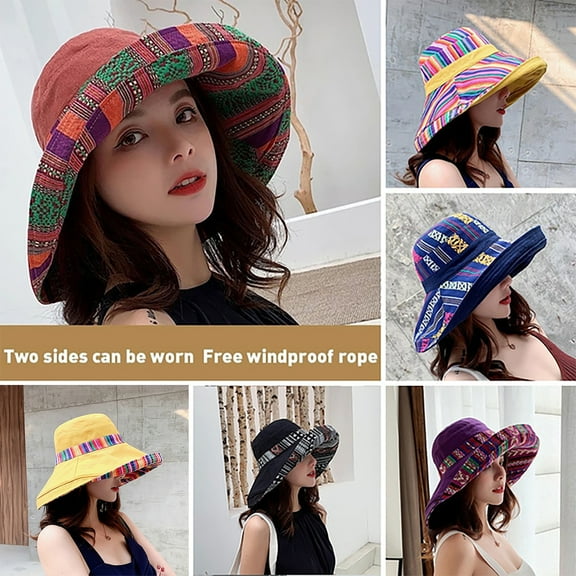 Visland Women Bucket Hats Foldable Sun Soft Cotton Bohemian Style Wide Brim Double Sided Fisherman Hat for Travel Camping Hiking Beach