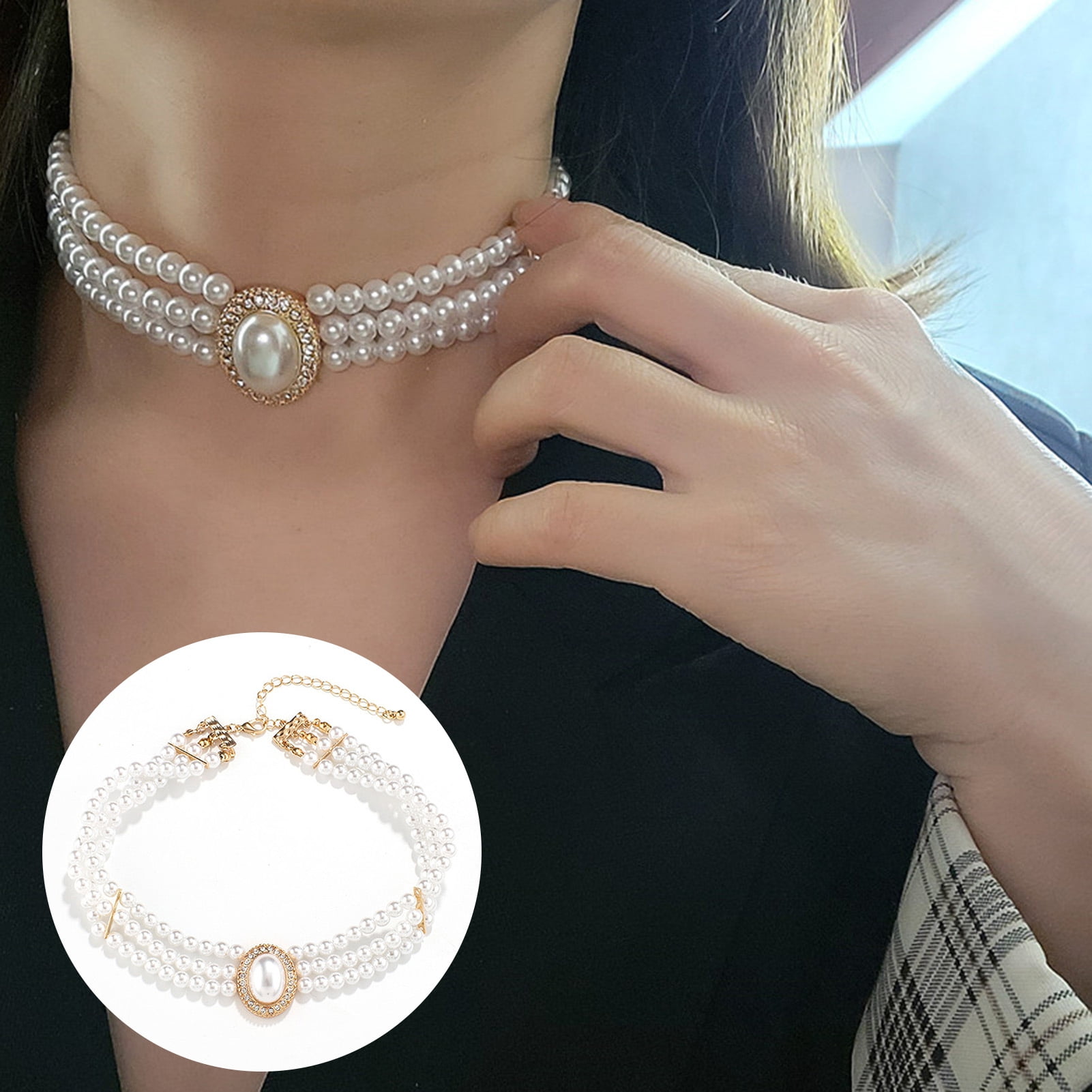 Visland Women Choker Vintage Elegant Shiny Rhinestone Inlaid Adjustable  Dress Up Gift Ladies Faux Pearl Clavicle Necklace Trendy Jewelry -  Walmart.com