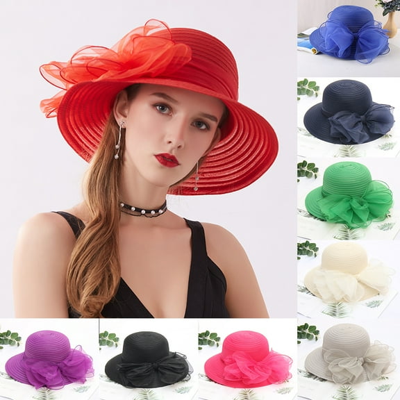 Visland Women Church Cap Bow Wide Brim Summer Bowknot Hat for Tea Party Wedding