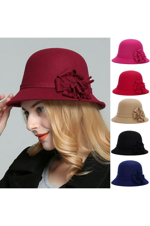 Women Cloche Bucket Hat, Vintage Fashion Elegant Solid Color Flower Decor Soft Woolen Winter Warm Bowler Cap for Wedding Church Tea Party
