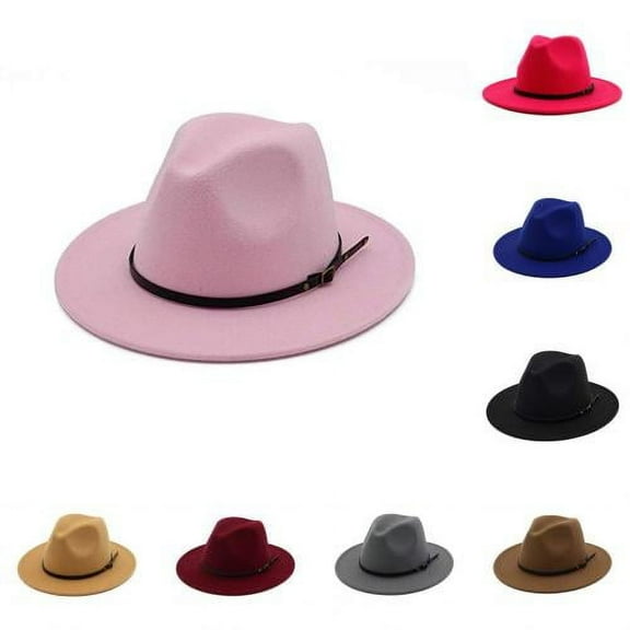 Visland Women Fedora Hat, Fashion Vintage Retro Classic Solid Color Wide Brim Faux Leather Belt Buckle Design Soft Cozy Felt Winter Head Warm Panama Floppy Cap for Party Daily Wear