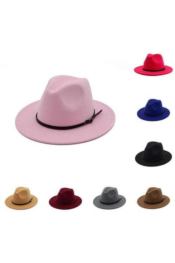 Women Fedora Hat, Fashion Vintage Retro Classic Solid Color Wide Brim Faux Leather Belt Buckle Design Soft Cozy Felt Winter Head Warm Panama Floppy Cap for Party Daily Wear