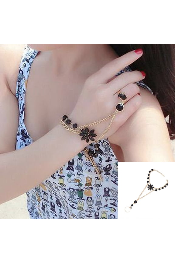 Women Girls Bracelet, Adjustable Fashion Elegant Alloy Flower Shape Bangle Hand Harness Chain Link Finger Ring Bracelet Jewelry Accessory for Valentine's Day Wedding Party Daily Wear