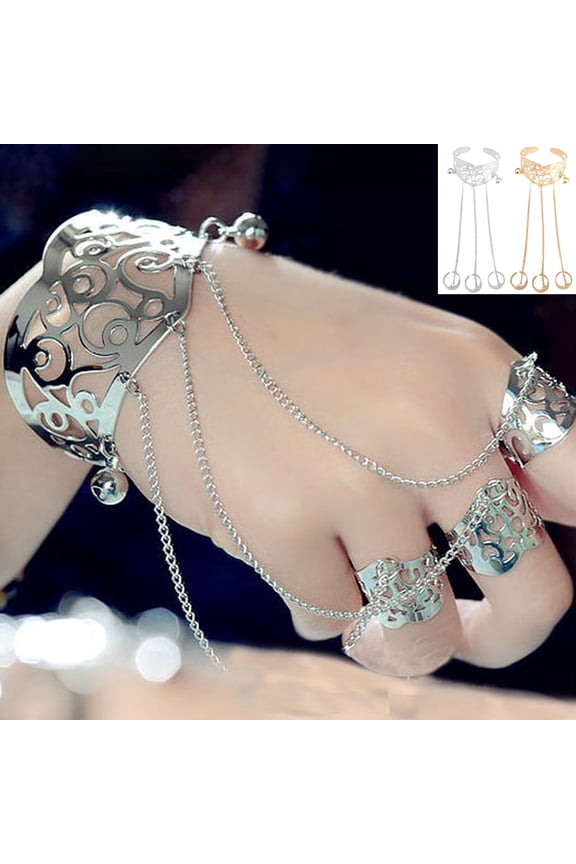 Women Girls Bracelet, Adjustable Fashion Elegant Alloy Hollow Engraved Pattern Multilayer Tassel Bangle Chain Link Finger Ring Bracelet Jewelry Accessory for Valentine's Day Wedding Party