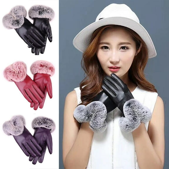 Visland Women Gloves Fashion Faux Leather Faux Fur Anti slip Winter Hand Warm Mittens for Cycling Skiing Climbing