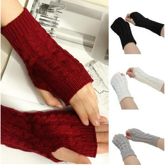 Visland Women Half Finger Arm Gloves, Fashion Casual Solid Color Thick Soft Cozy Knitted Winter Arm Warm Long Fingerless Mitten with Thumb Hole for Riding Sports Daily Wear