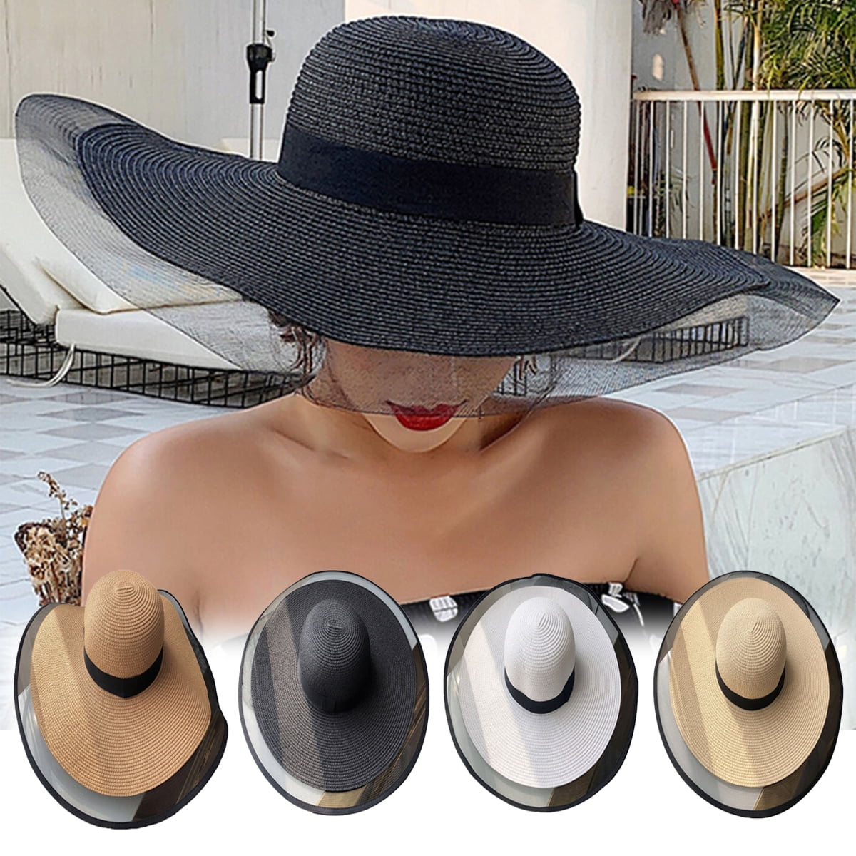 Women Hat Braided Wide Brim Bohemia Mesh Patchwork Sun Protection Beach Cap  for Outdoor 