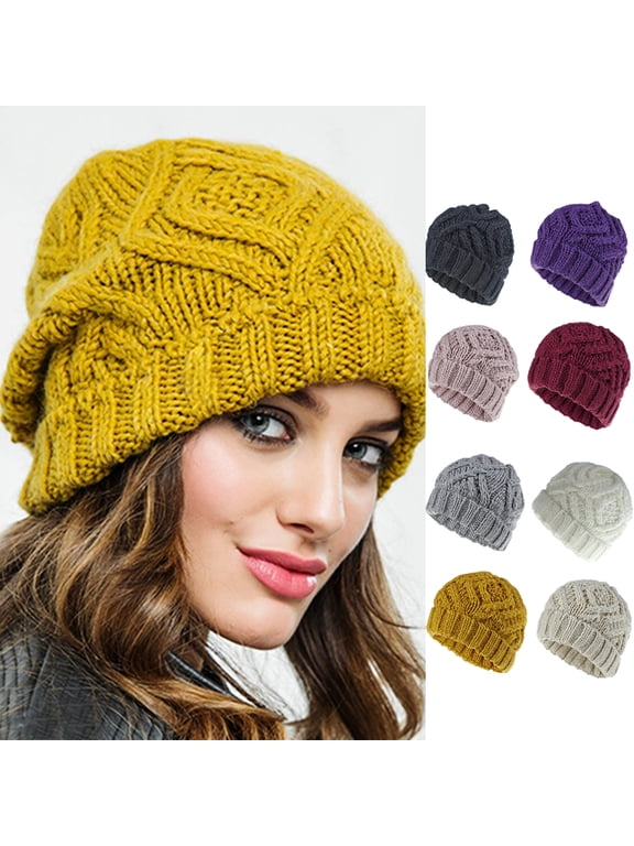 Women Knit Beanie Hats, Fashion Soft Chunky Woolen Yarn Autumn Winter Head Warm Skully Beanie Cap for Skiing Traveling Riding Shopping Dating