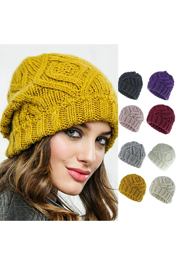 Women Knit Beanie Hats, Fashion Soft Chunky Woolen Yarn Autumn Winter Head Warm Skully Beanie Cap for Skiing Traveling Riding Shopping Dating
