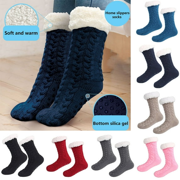 Visland Women Knitted Fuzzy Socks, Fashion Casual Solid Color Anti-slip Soft Cozy Fleece Winter Foot Warm Slipper Socks for Home Sleep and Daily Wear
