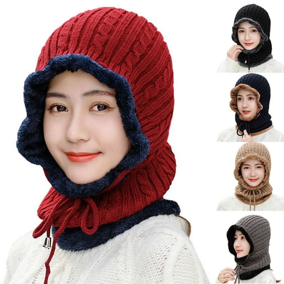 Visland Women Knitted Hat, Fashion Casual Solid Color Soft Cozy Elastic Thick Knitted Autumn Winter Head Ear Neck Warm Windproof Beanie Cap for Outdoor Daily Wear