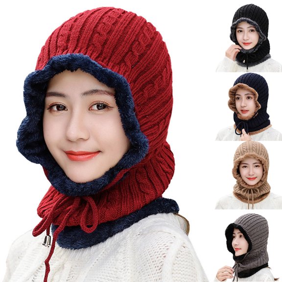 Visland Women Knitted Hat, Fashion Casual Solid Color Soft Cozy Elastic Thick Knitted Autumn Winter Head Ear Neck Warm Windproof Beanie Cap for Outdoor Daily Wear