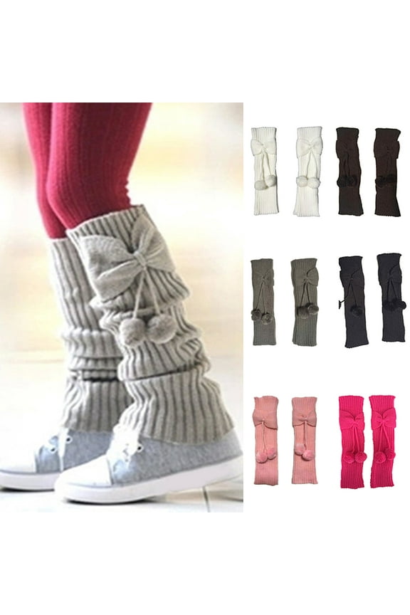 Women Leg Warmer, Fashion Cute Solid Color Bowknot Plush Ball Soft Knitted Winter Leg Warm Thigh High Long Boot Socks