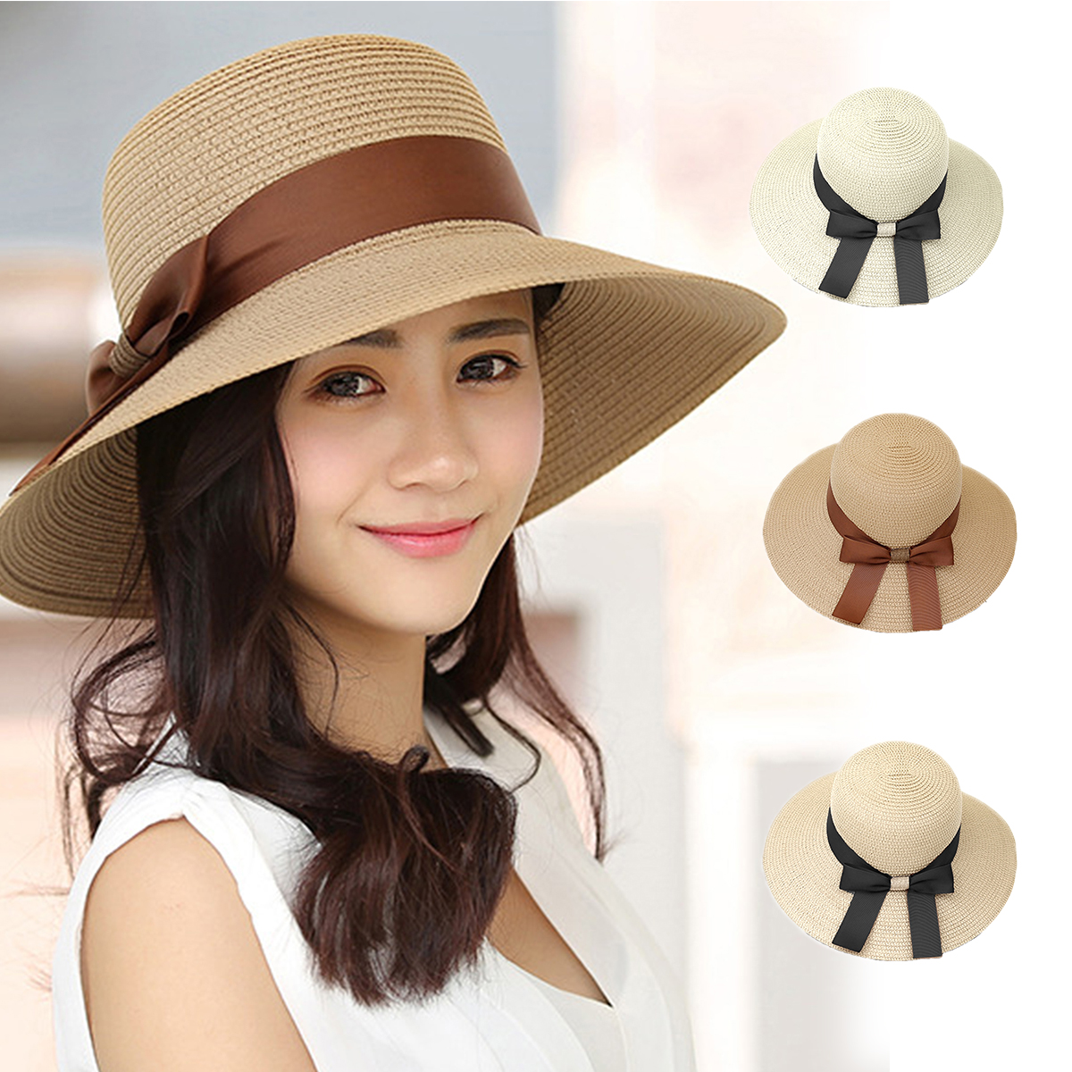 Wide Brim Straw Sun Hat Foldable Floppy with Bowknot and Chin Strap Women Wide Brim Straw Hat Floppy Bowknot Foldable Fisherman  main image 2