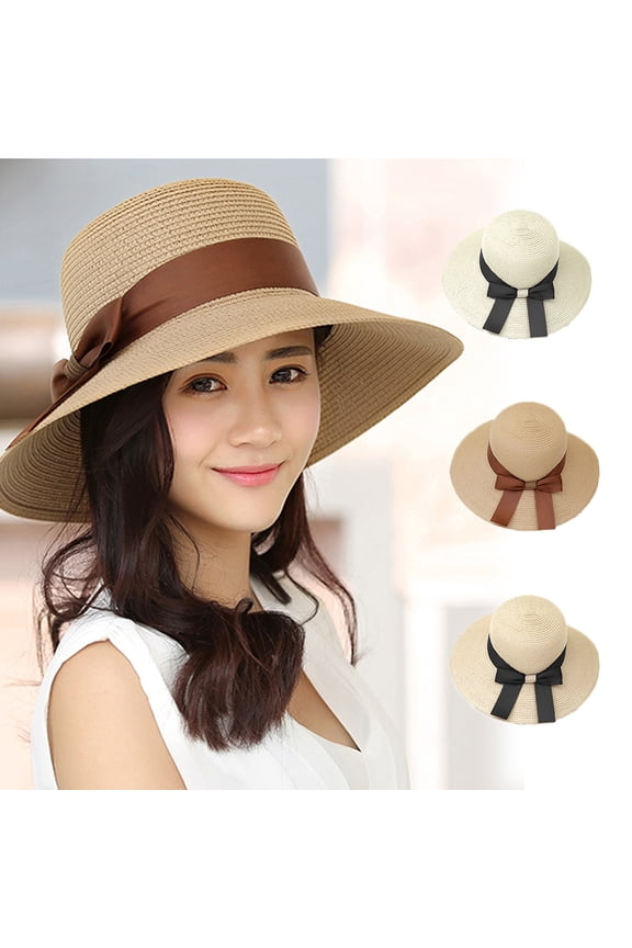 Women Little Girls Straw Sun Hat Summer Wide Brim Beach Cap Foldable Visor Floppy Hats Wide Brim with Bowknot