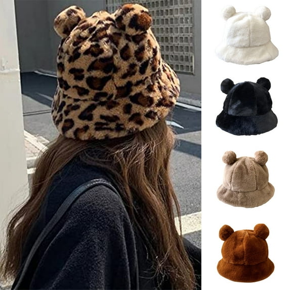 Visland Women Plush Bucket Hat, Fashion Soft Thick Plush Winter Head Warm Cute Bear Ear Ball Leopard Print Adjustable Rope Basin Cap Fisherman Hat for Party Dating Hiking