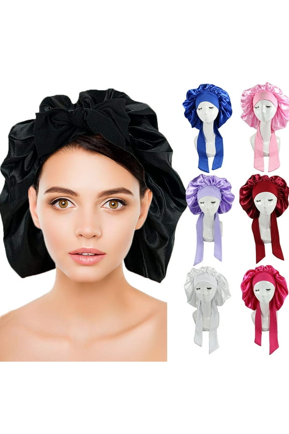 Women Silk Bonnet, Wide Band Satin Sleeping Cap for Long Curly Hair, Adjustable Shower Cap Soft Sleeping Hat Night Cap with Elastic Ribbon