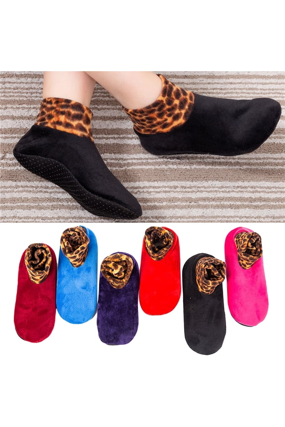 Women Slipper Socks, Fashion Casual Leopard Soft Cozy Double Layer Thicken Plush Lining Winter Feet Warmer Floor Ankle Socks for Daily Wear