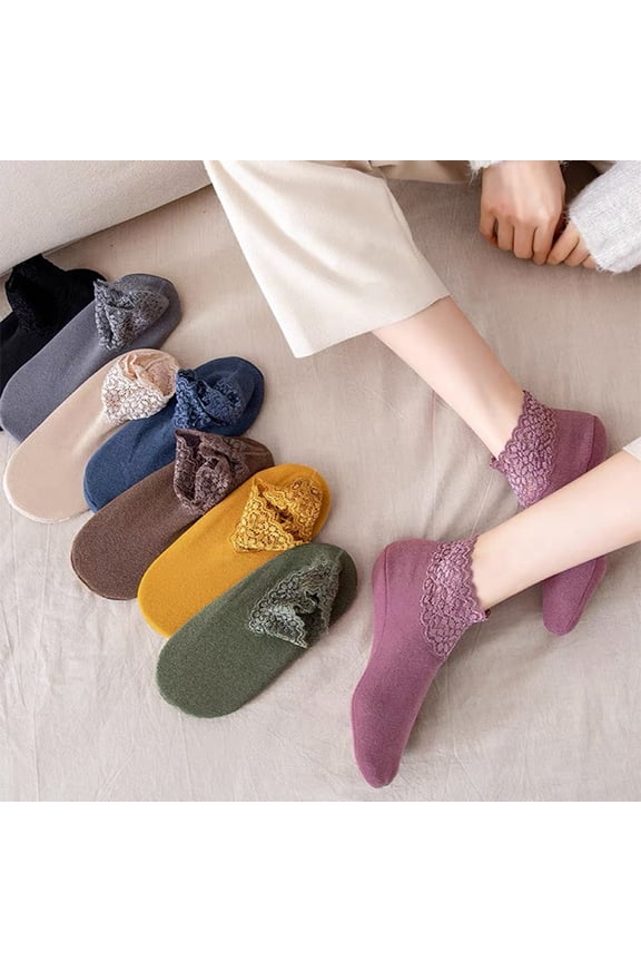 Women Socks, Fashion Casual Soft Cozy Cotton Breathable Blend Lace Decor Non-slip Silicone Grip Autumn Winter Crew Socks Slipper Floor Socks for Daily Wear 1Pair