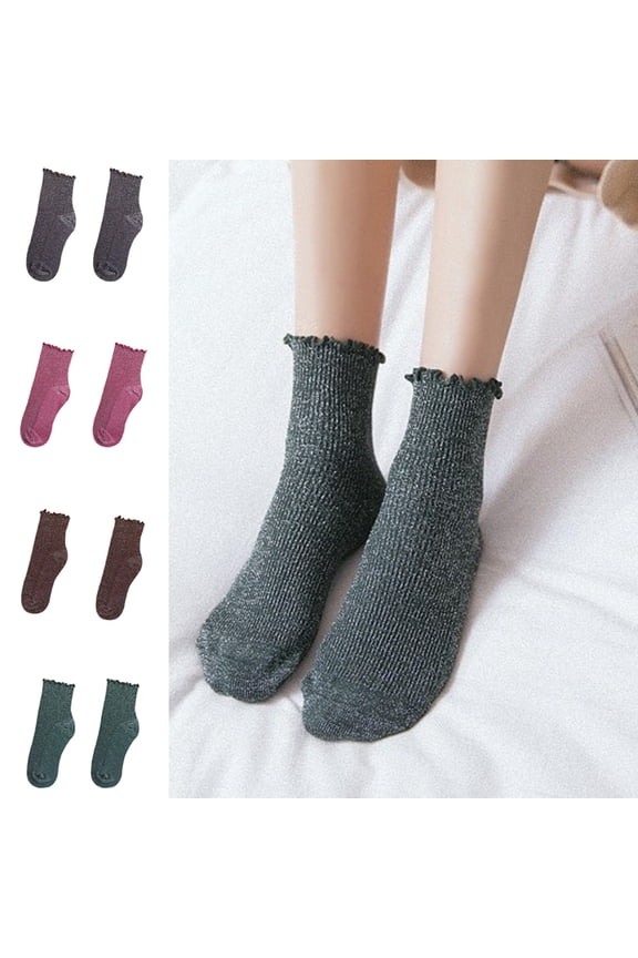 Women Socks, Fashion Ribbed Design Glitter Casual Solid Color Soft Skin-friendly Cotton Middle Tube Socks for Daily Wear