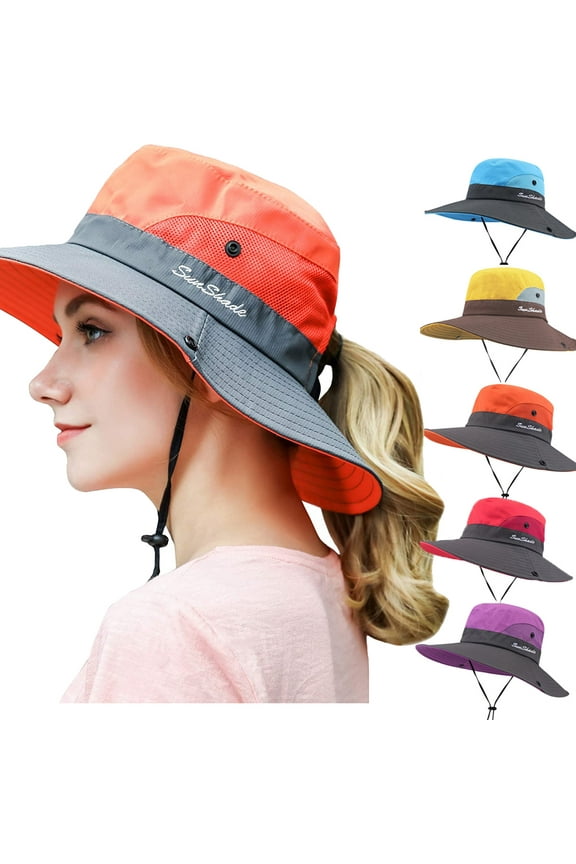 Women Sun Hats, Women's Ponytail Bucket Hat Outdoor UV Protection Foldable Summer Mesh Wide Brim Beach Fishing Hat with Ponytail Hole