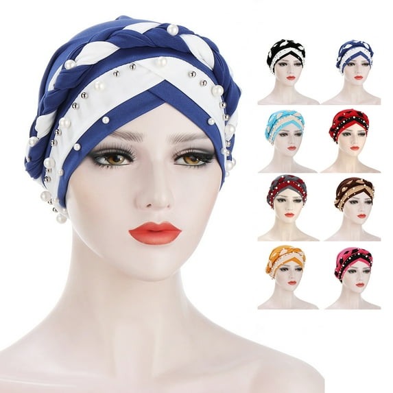 Visland Women Turban African Pattern Braided Dual Color Faux Pearl Decor Headwrap Sleep Beanie Pre-Tied Bonnet Elastic Knot Cap