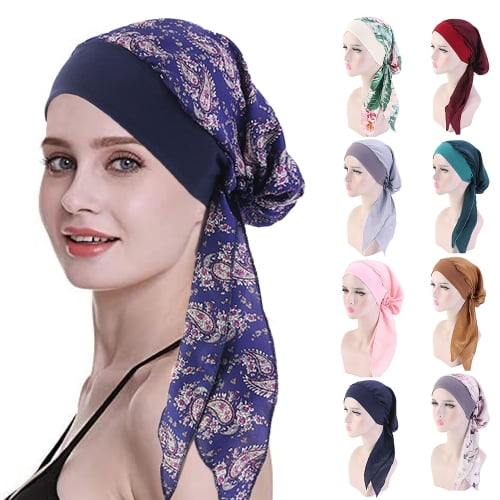 Visland Women Turban Hat, Fashion Elegant Casual Solid Color or Flower Print Elastic Band Soft Cozy Silk Sleeping Bonnet Cap Headscarf Head Wrap for Daily Wear
