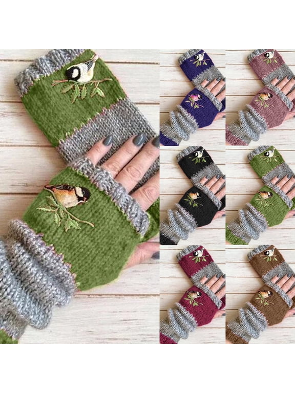 Women Winter Gloves, Fashion Cute Bird Embroidered Soft Knit Hand Warm Fingerless Mitten for Office Computer Working