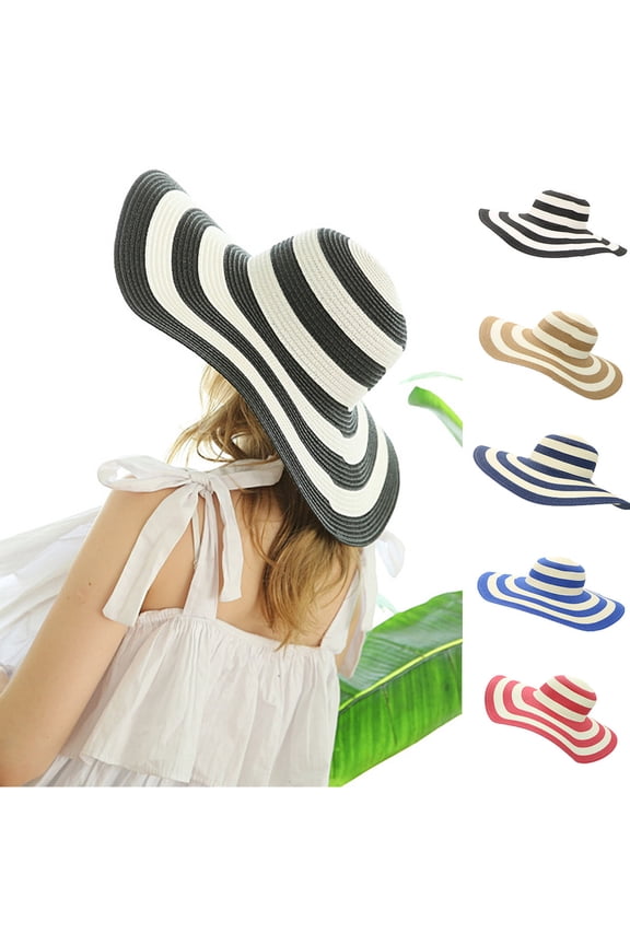 Women's Beachwear Sun Hat Stripe Striped Straw Hat Floppy Beach Hat Foldable Wide Brim Cap for Summer