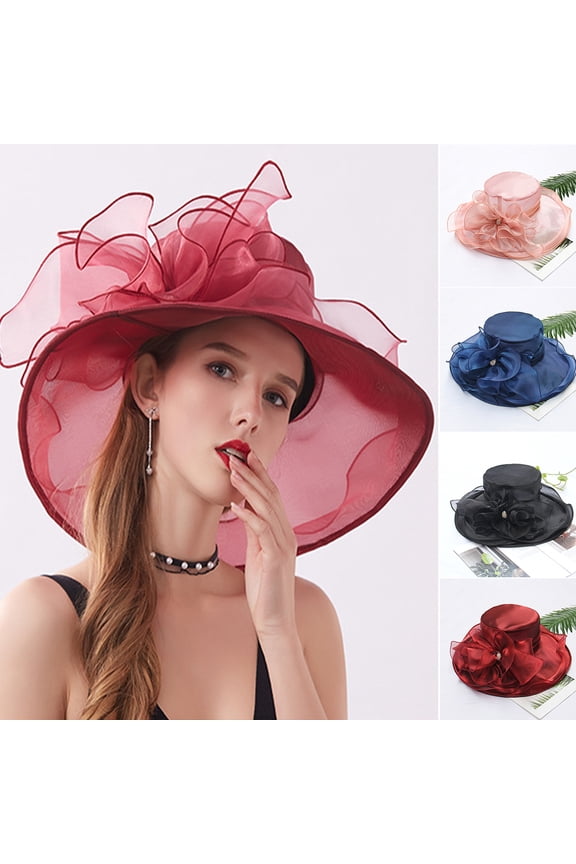 Women’s Organza Church Tea Party Wedding Fascinator Bridal Hat UV-Anti Wide Brim Sun Hats