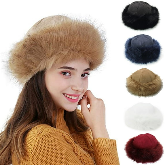 Visland Womens Faux Fur Hat for Winter, Classy Russian Style Suede Fluffy Warm Cap