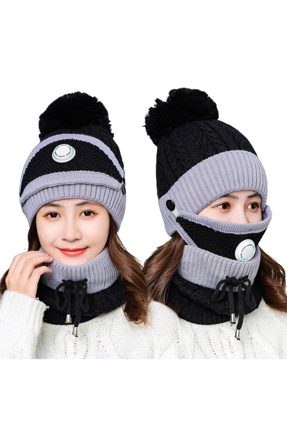 Womens Pom Beanie Hat Scarf&Mask Set,Fleece Lined Knit Ski Winter Warm Set
