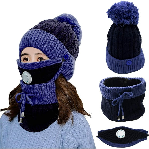 Visland Womens Pom Beanie Hat Scarf&Mask Set,Fleece Lined Knit Ski Winter Warm Set